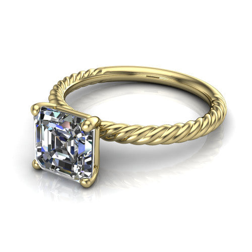 Nova square emerald rope solitaire engagement ring in 14K Yellow Gold, three-quarter perspective showing the square emerald center on claw prongs above a twisted rope band