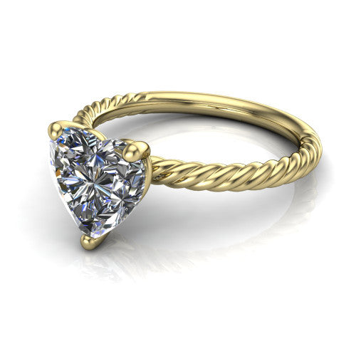 Nova heart rope solitaire engagement ring in 14K Yellow Gold, three-quarter perspective showing the heart center on claw prongs above a twisted rope band