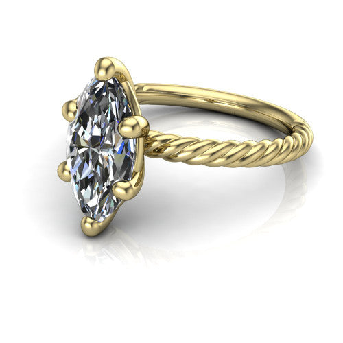 Nova marquise rope solitaire engagement ring in 18K Yellow Gold, three-quarter perspective showing the marquise center on claw prongs above a twisted rope band