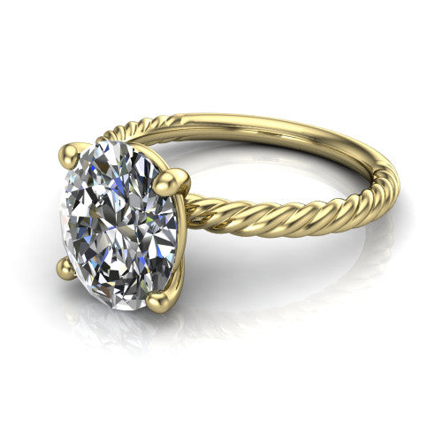 Nova oval rope solitaire engagement ring in 14K Yellow Gold, three-quarter perspective showing the oval center on claw prongs above a twisted rope band