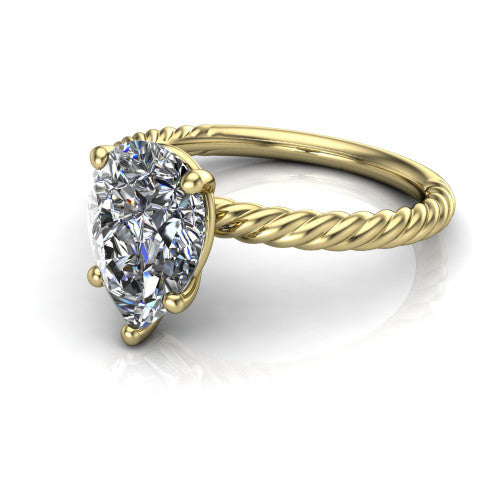 Nova pear rope solitaire engagement ring in 18K Yellow Gold, three-quarter perspective showing the pear center on claw prongs above a twisted rope band