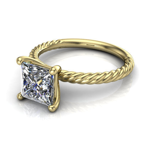 Nova princess rope solitaire engagement ring in 18K Yellow Gold, three-quarter perspective showing the princess center on claw prongs above a twisted rope band