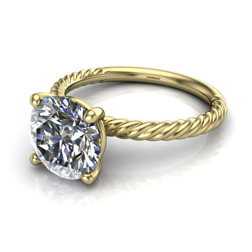Nova round rope solitaire engagement ring in 18K Yellow Gold, three-quarter perspective showing the round center on claw prongs above a twisted rope band