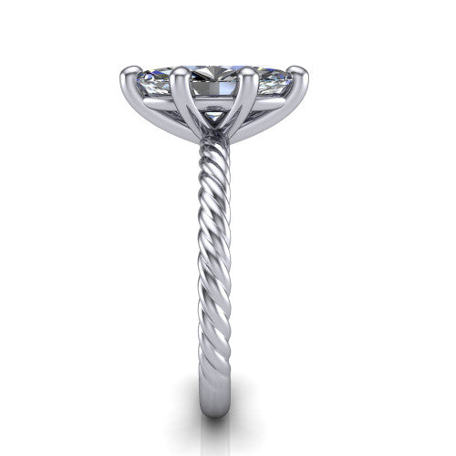 Nova marquise rope solitaire engagement ring in 18K White Gold, side profile showing the twisted rope band and the open basket beneath the marquise center
