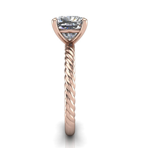 Nova cushion rope solitaire engagement ring in 18K Rose Gold, side profile showing the twisted rope band and the open basket beneath the cushion center