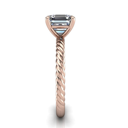 Nova square emerald rope solitaire engagement ring in 18K Rose Gold, side profile showing the twisted rope band and the open basket beneath the square emerald center
