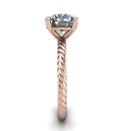 Nova round rope solitaire engagement ring in 18K Rose Gold, side profile showing the twisted rope band and the open basket beneath the round center