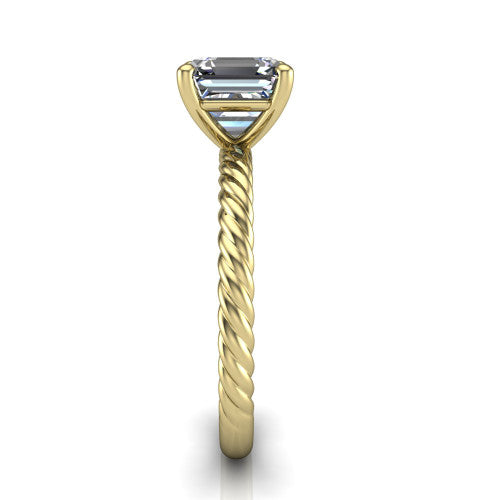 Nova square emerald rope solitaire engagement ring in 14K Yellow Gold, side profile showing the twisted rope band and the open basket beneath the square emerald center