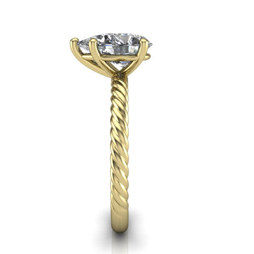 Nova pear rope solitaire engagement ring in 18K Yellow Gold, side profile showing the twisted rope band and the open basket beneath the pear center