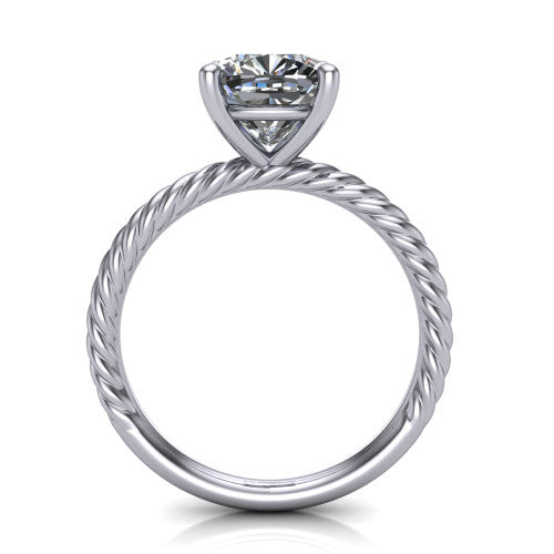 Nova cushion rope solitaire engagement ring in 18K White Gold, through-finger front profile showing the cushion center raised above the rope band