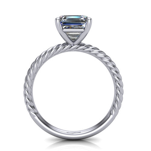 Nova square emerald rope solitaire engagement ring in 18K White Gold, through-finger front profile showing the square emerald center raised above the rope band
