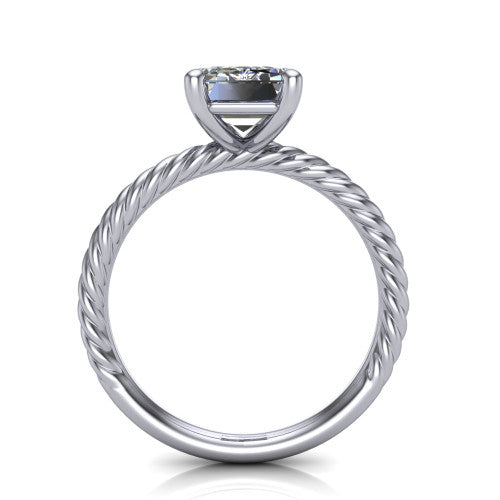 Nova emerald rope solitaire engagement ring in 18K White Gold, through-finger front profile showing the emerald center raised above the rope band