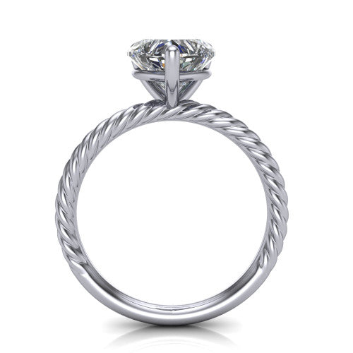 Nova heart rope solitaire engagement ring in Platinum, through-finger front profile showing the heart center raised above the rope band