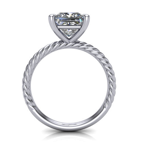 Nova princess rope solitaire engagement ring in Platinum, through-finger front profile showing the princess center raised above the rope band