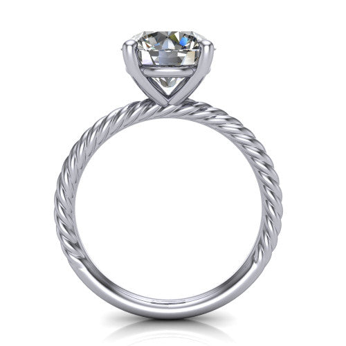 Nova round rope solitaire engagement ring in 18K White Gold, through-finger front profile showing the round center raised above the rope band