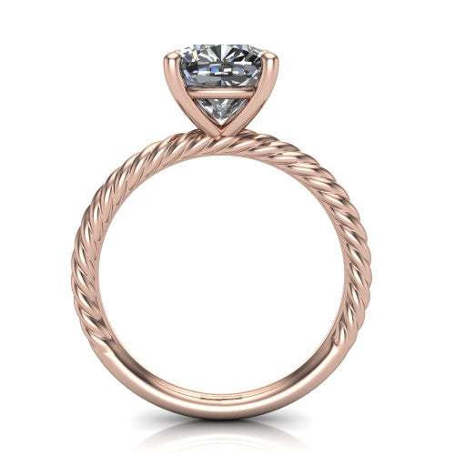 Nova cushion rope solitaire engagement ring in 18K Rose Gold, through-finger front profile showing the cushion center raised above the rope band