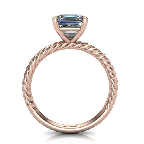 Nova square emerald rope solitaire engagement ring in 18K Rose Gold, through-finger front profile showing the square emerald center raised above the rope band