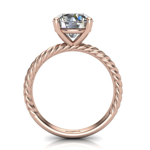 Nova round rope solitaire engagement ring in 18K Rose Gold, through-finger front profile showing the round center raised above the rope band