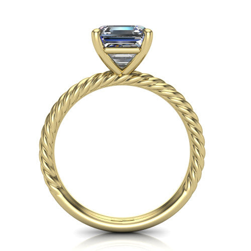 Nova square emerald rope solitaire engagement ring in 14K Yellow Gold, through-finger front profile showing the square emerald center raised above the rope band
