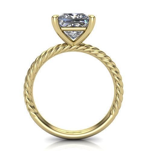 Nova princess rope solitaire engagement ring in 18K Yellow Gold, through-finger front profile showing the princess center raised above the rope band