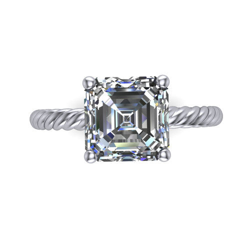 Nova square emerald rope solitaire engagement ring in 18K White Gold, top-down view showing the square emerald center and the braided rope shank