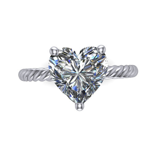 Nova heart rope solitaire engagement ring in Platinum, top-down view showing the heart center and the braided rope shank