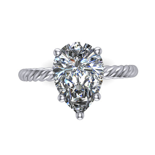 Nova pear rope solitaire engagement ring in 14K White Gold, top-down view showing the pear center and the braided rope shank
