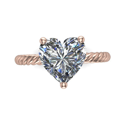 Nova heart rope solitaire engagement ring in 18K Rose Gold, top-down view showing the heart center and the braided rope shank