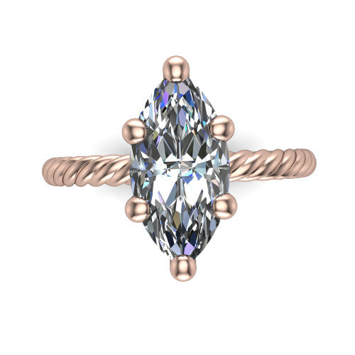 Nova marquise rope solitaire engagement ring in 14K Rose Gold, top-down view showing the marquise center and the braided rope shank