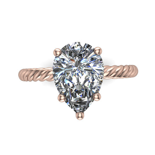 Nova pear rope solitaire engagement ring in 14K Rose Gold, top-down view showing the pear center and the braided rope shank