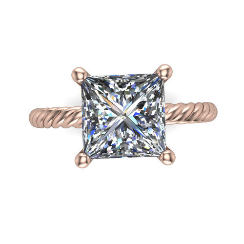 Nova princess rope solitaire engagement ring in 14K Rose Gold, top-down view showing the princess center and the braided rope shank