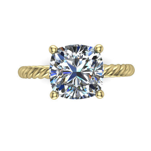 Nova cushion rope solitaire engagement ring in 18K Yellow Gold, top-down view showing the cushion center and the braided rope shank