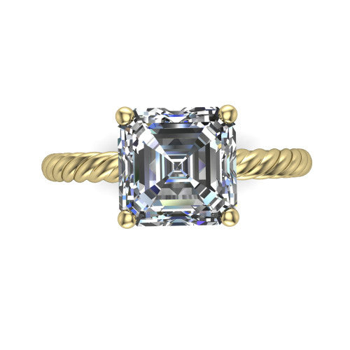 Nova square emerald rope solitaire engagement ring in 18K Yellow Gold, top-down view showing the square emerald center and the braided rope shank