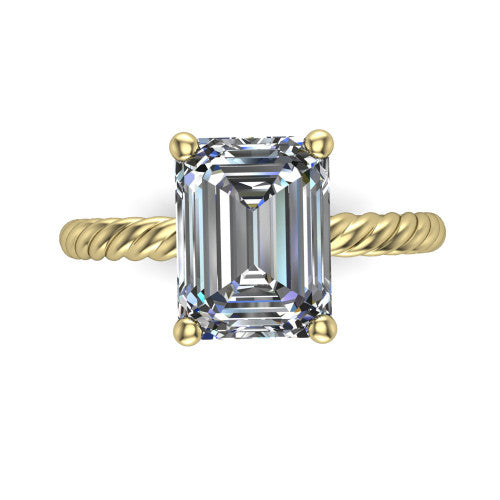 Nova emerald rope solitaire engagement ring in 14K Yellow Gold, top-down view showing the emerald center and the braided rope shank