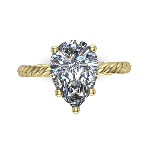 Nova pear rope solitaire engagement ring in 18K Yellow Gold, top-down view showing the pear center and the braided rope shank