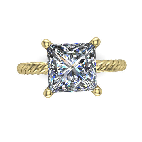 Nova princess rope solitaire engagement ring in 18K Yellow Gold, top-down view showing the princess center and the braided rope shank