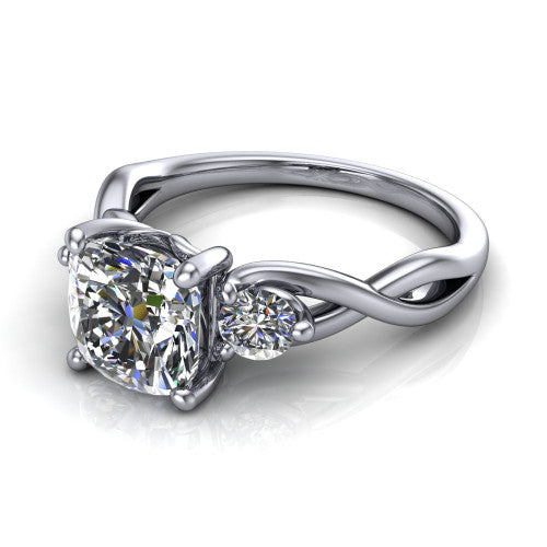Alina cushion three stone engagement ring in 14K White Gold, three-quarter perspective showing the cushion center between two round side stones above a twisted vine band
