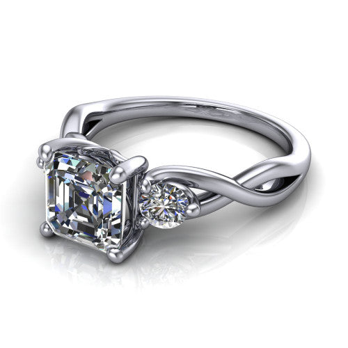 Alina Square Emerald Shape Three Stone Engagement Ring in 14K White Gold