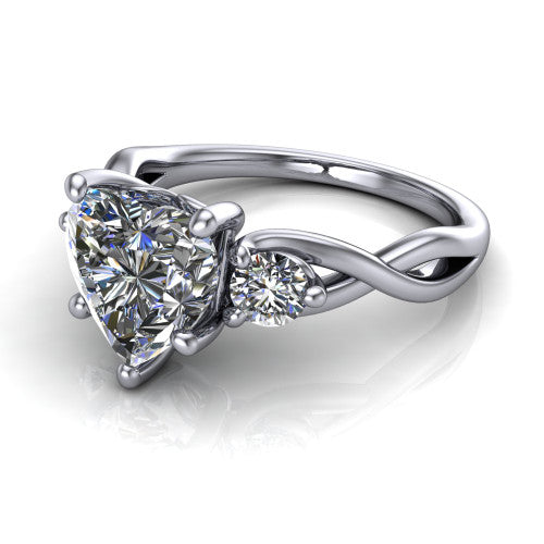 Alina heart three stone engagement ring in 14K White Gold, three-quarter perspective showing the heart center between two round side stones above a twisted vine band