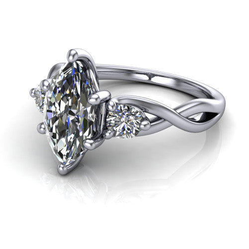 Alina marquise three stone engagement ring in 18K White Gold, three-quarter perspective showing the marquise center between two round side stones above a twisted vine band