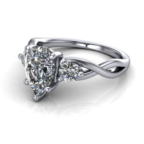 Alina pear three stone engagement ring in 18K White Gold, three-quarter perspective showing the pear center between two round side stones above a twisted vine band