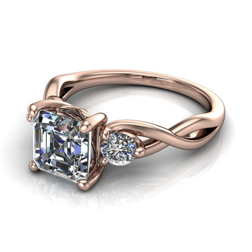 Alina Square Emerald Shape Three Stone Engagement Ring in 14K Rose Gold