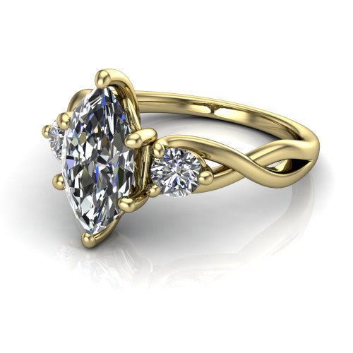 Alina marquise three stone engagement ring in 14K Yellow Gold, three-quarter perspective showing the marquise center between two round side stones above a twisted vine band