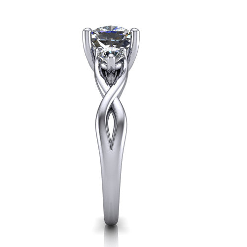 Alina cushion three stone engagement ring in 14K White Gold, side profile showing the twisted infinity vine band sweeping to the cushion center
