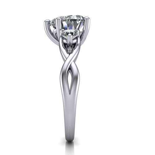 Alina heart three stone engagement ring in 14K White Gold, side profile showing the twisted infinity vine band sweeping to the heart center