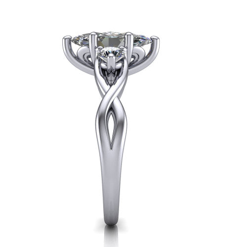 Alina marquise three stone engagement ring in Platinum, side profile showing the twisted infinity vine band sweeping to the marquise center