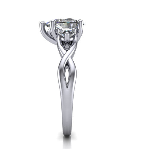Alina pear three stone engagement ring in Platinum, side profile showing the twisted infinity vine band sweeping to the pear center