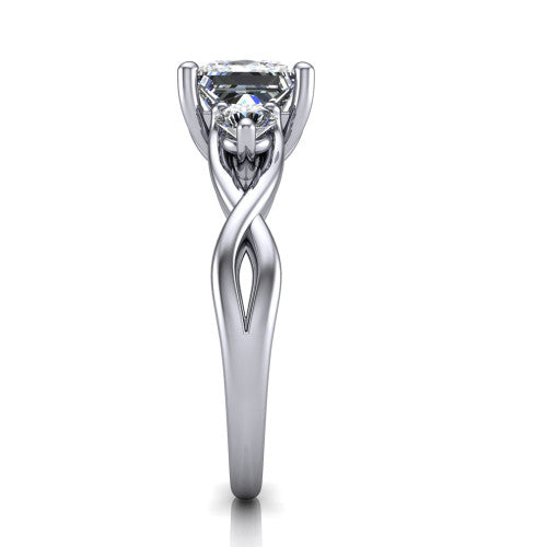 Alina princess three stone engagement ring in 18K White Gold, side profile showing the twisted infinity vine band sweeping to the princess center