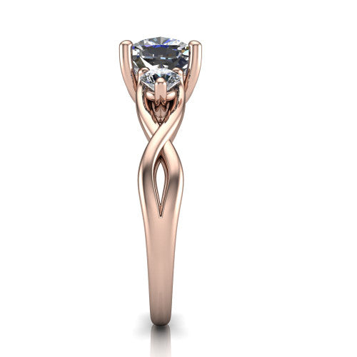 Alina cushion three stone engagement ring in 14K Rose Gold, through-finger front profile showing the three-stone head and floral basket above the vine band