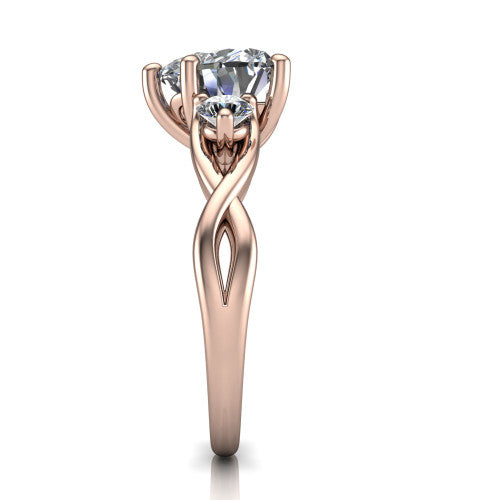Alina heart three stone engagement ring in 14K Rose Gold, side profile showing the twisted infinity vine band sweeping to the heart center
